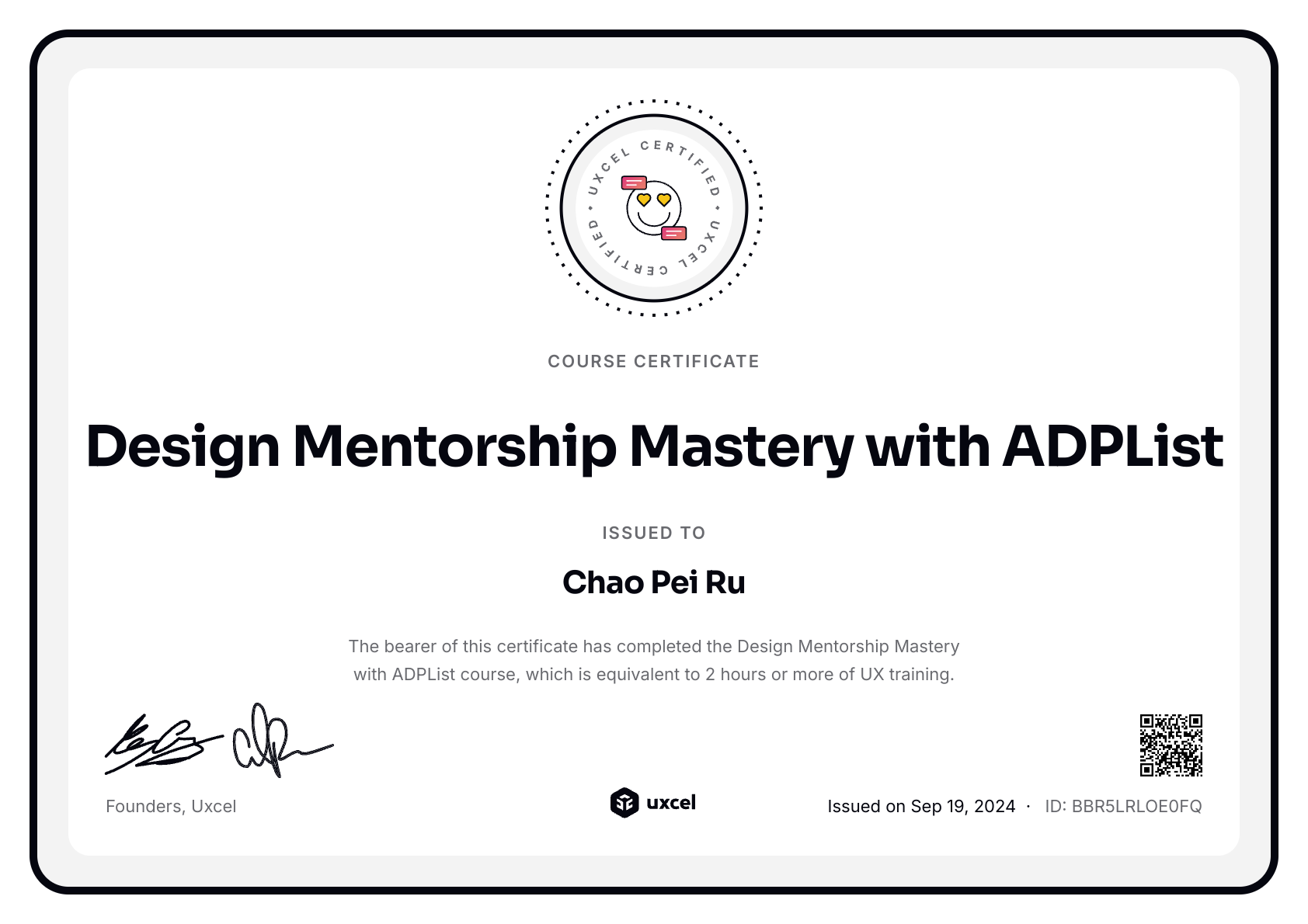 Chao Pei Ru's certificate